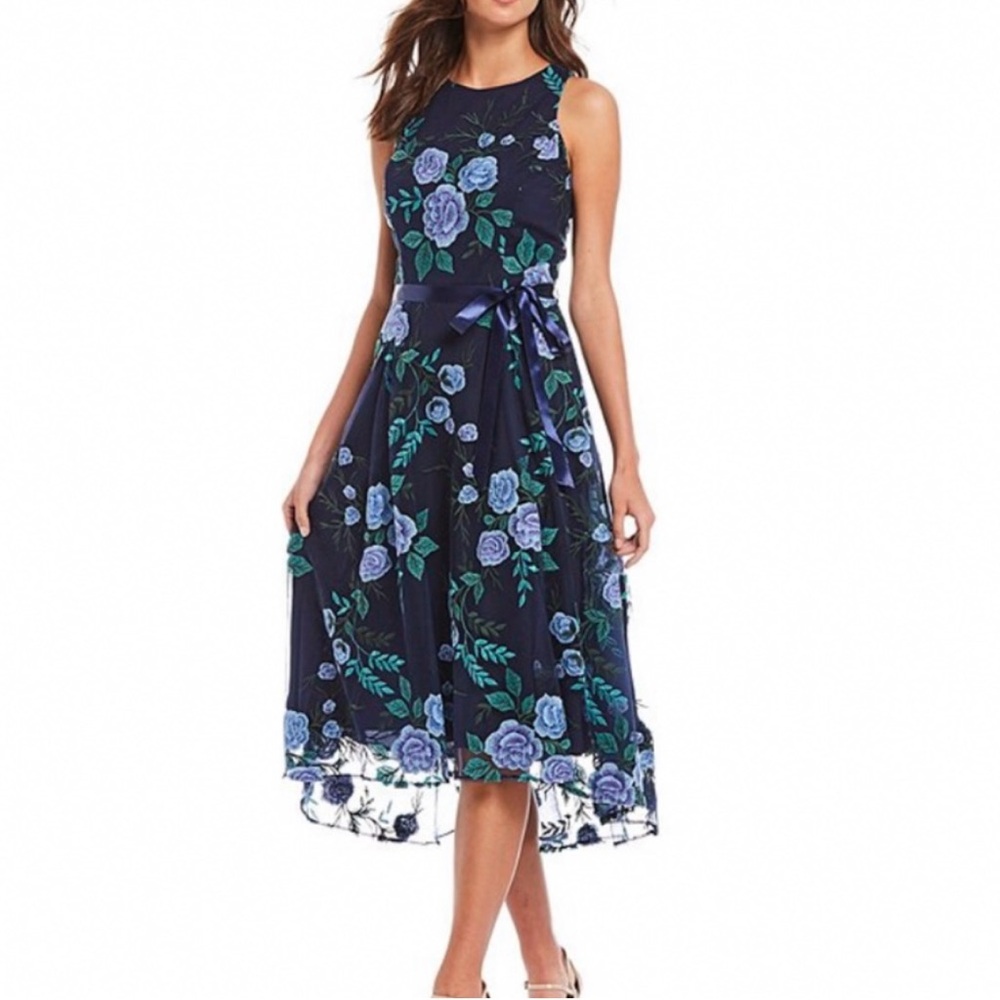 Tahari Navy Midi Dress with Blue Rose Embroidery